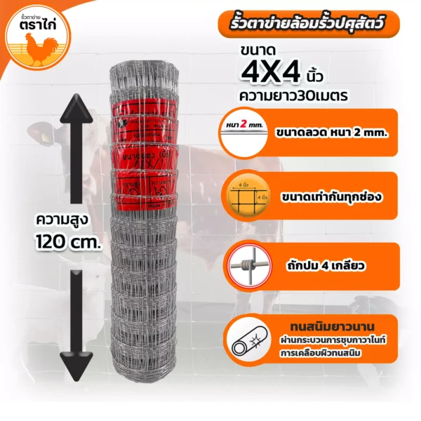รั้วตาข่ายล้อมปศุสัตว์ขนาด4*4นิ้วความสูง120 นิ้ว