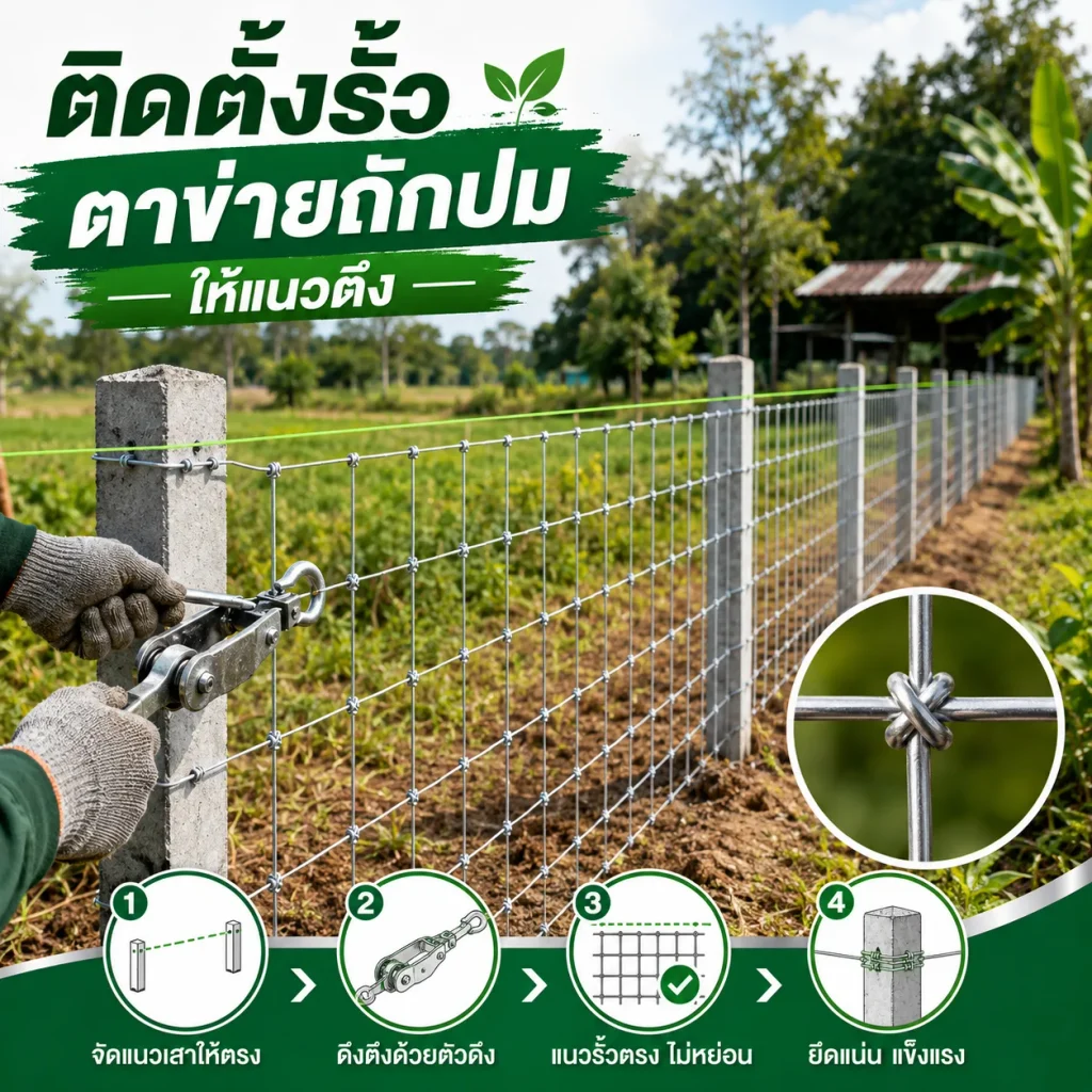 วิธีติดตั้งรั้วตาข่ายถักปมให้แนวตึง