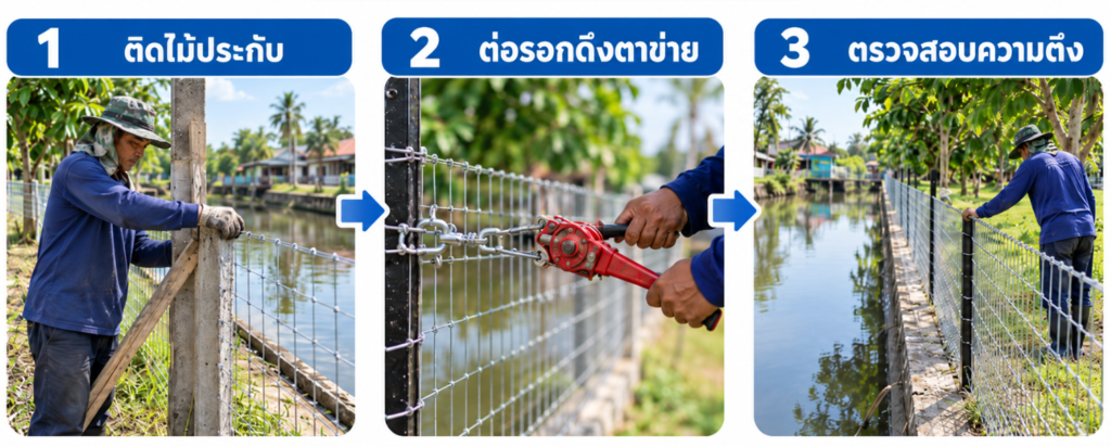 3.ดึงรั้วตาข่ายให้ตึง