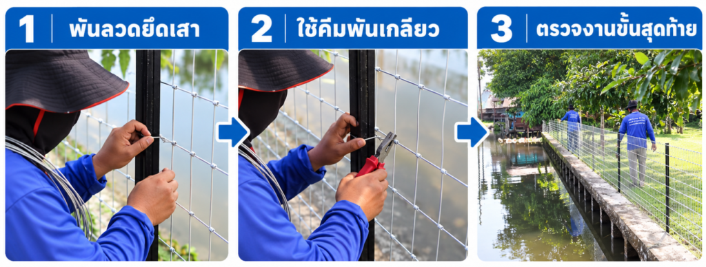 4.มัดลวดเเละยึดรั้วตาข่ายกับเสา